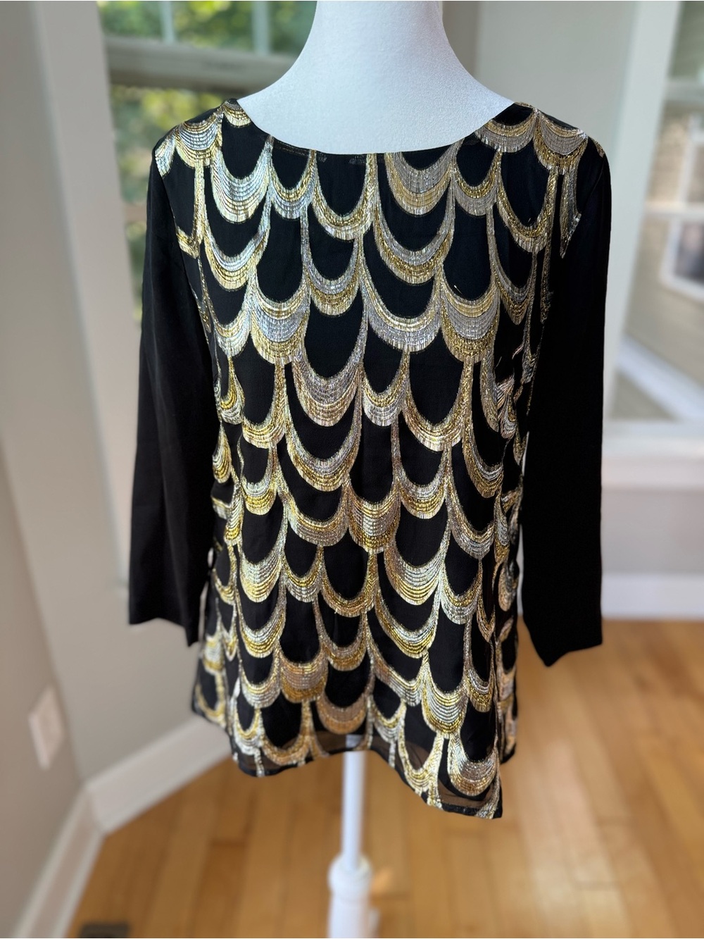 Skies Are Blue Sheer Black Silk Top with Gold & Silver Metallic Scallops Sz XS